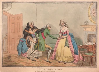 Bemutatkozás, kocsma. 1793 (kézzel színezett metszet)