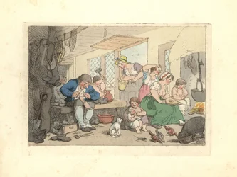 Regency suszter cipőt javít egy zsúfolt szobában.
