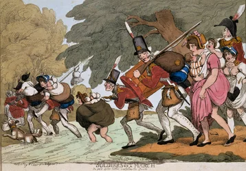 Katonák menet közben, G.M.Woodward metszete, 1811-ben megjelent (színezett rézkarc)