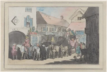 Színpadi edző és lovasok egy fogadó udvarán, indulásra készülődve, 1789-95., 1789-95.