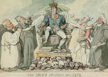 Egy király titkos tanácsa, kocsma. 1815 (kézzel színezett metszet)