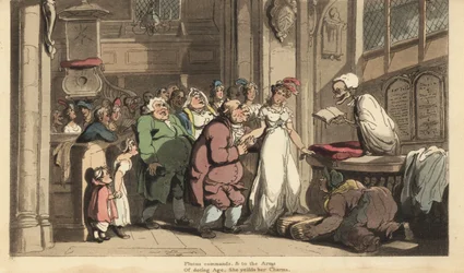 A Halál csontváza egy fiatal nő és egy csúnya öregember esküvőjét ünneplő papként. Thomas Rowlandson által rajzolt és vésett, kézzel színezett rézlemez az angol haláltáncból, Ackermann, London
