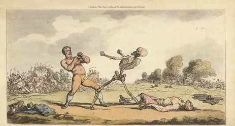 A Haláldobozok csontváza egy csupasznyökős nyereményharcossal, miközben egy másik bokszoló a földön fekszik, a tömeg pedig rémülten menekül. Thomas Rowlandson által rajzolt és vésett, kézzel színezett rézlemez az angol haláltáncból, Ackermann, London