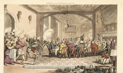 A Halál csontváza egy végzetes Dainty Dish-t visz egy torkos lakomára egy nagyteremben. Thomas Rowlandson által rajzolt és vésett, kézzel színezett rézlemez az angol haláltáncból, Ackermann, London