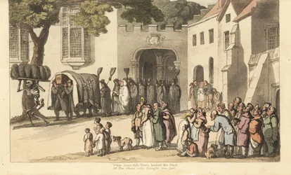 A Halál csontváza fekete temetési tollakat hordoz Lord Roland csapata előtt. A Jó és a Nagy. Thomas Rowlandson által rajzolt és vésett, kézzel színezett rézlemez az angol haláltáncból, Ackermann, London