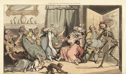 A Halál csontváza Miss Mustardhoz érkezik, az egyik szalonban kártyázó öreg Maiden Ladieshez. Thomas Rowlandson által rajzolt és vésett, kézzel színezett rézlemez az angol haláltáncból, Ackermann, London