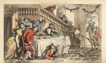 A Halál csontváza egy vadászért érkezik, amint egy asztal alá bújik rókavadászat után. Thomas Rowlandson által rajzolt és vésett, kézzel színezett rézlemez az angol haláltáncból, Ackermann, London
