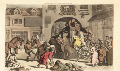 A Halál csontváza felsegít egy nagy matrónát a végzetes Utolsó Stádiumra. Thomas Rowlandson által rajzolt és vésett, kézzel színezett rézlemez az angol haláltáncból, Ackermann, London