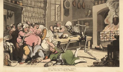 A Halál csontváza egy sült csirkét tartó nyárssal halálra szúr egy kövér szakácsot. Thomas Rowlandson által rajzolt és vésett, kézzel színezett rézlemez az angol haláltáncból, Ackermann, London