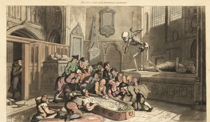 A Halál csontváza azt nézi, ahogy antikváriusok exhumálják a király holttestét egy templom kriptájából. Thomas Rowlandson által rajzolt és vésett, kézzel színezett rézlemez az angol haláltáncból, Ackermann, London