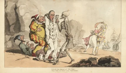 A Halál csontváza homokórával és nyílvesszővel egy Pierrot-hoz és más bohócokhoz érkezik, miközben egy harlekin egy nővel táncol a tengerparton. Thomas Rowlandson által rajzolt és vésett, kézzel színezett rézlemez az angol haláltáncból, Ackermann, London