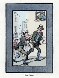 Két újságárus hosszú síppal újságokat árul egy londoni utcában. Thomas Rowlandson (1756-1827) festménye alapján készült fametszet, amely a londoni válságban jelent meg: hat bájos gyerekkel és közel 40 illusztrációval, Andrew Tuertől,