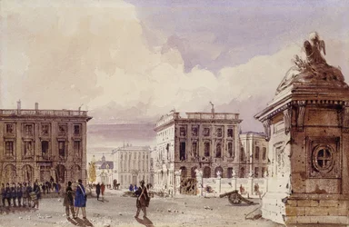 Hotel de Bellevue és Cafe d"Amitie a parkból nézve, Brüsszel, 1830