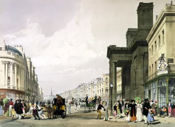 A Regent Street a Quadrant felé néz, előtérben a Hannoveri kápolnával és sétáló vásárlókkal, 1842