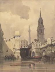 Szent Magnus vértanú temploma, London Bridge, az emlékművel a háttérben