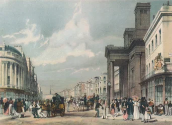 Kilátás a Regent Streetre, a Quadrant felé néz, Hannoveri kápolnával az előtérben, 1842