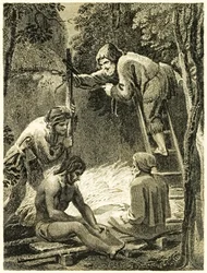 Robinson Crusoe és Péntek sátrat készítenek, hogy elszállásolják Péntek apját és a spanyolt, Daniel Defoe Robinson Crusoe, a yorki tengerész élete és különös, meglepő kalandjai című művéből