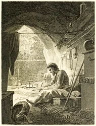 ?Robinson Crusoe dolgozik a barlangjában? a ?Robinson Crusoe élete és furcsa meglepő kalandjai, vagy York, Mariner? írta: Daniel Defoe