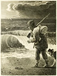 ?Robinson Crusoe felfedezi a férfi lábnyomát? a ?Robinson Crusoe élete és furcsa meglepő kalandjai, vagy York, Mariner? írta: Daniel Defoe
