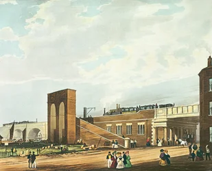 A Manchester Across Water Street bejárata, Henry Pyall (1795-1833) metszete, kiadó: Ackermann und Co., 1831 (színes akvatinta)
