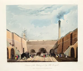A vasút bejárata az Edge Hillnél, Liverpool, 1831 (kézzel színezett metszet)