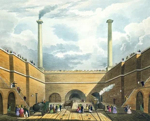 A vasút bejárata a liverpooli Edge Hillben, 2. tábla a „Liverpool and Manchester Railway”-ről, S.G. Hughes metszet, pub. Ackermann und Co., 1833