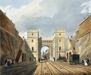 Mór ív, kilátás az alagútból, a „Liverpool and Manchester Railway” 10. táblája, metszette S.G. Hughes, kiadta R. Ackermann, 1831