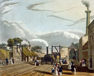 Vízfelvétel a Parkside-nál, 13. tábla a "Coloured View of the Liverpool und Manchester Railway" című, H. Pyall által metszett, kiadó: Ackermann und Co., London, 1833.