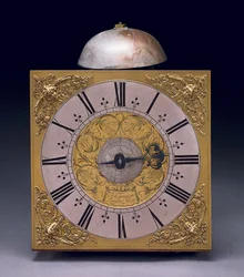 Egy II. Károly harmincórás hosszú tokos óra négyzet alakú számlapja, 1680 körül (vegyes technika)
