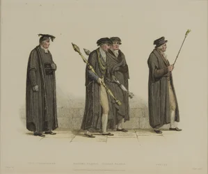 Vice Chancellor, Esquire Beadle, Yeoman Beadle, Verger, J. Agar metszete, megjelent R. Ackermann 