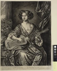 Lady gitározik, "Madame Davis"; Sir Peter Lely festett portréja után c. 1674 Mary Davies az Earl of Bradford gyűjteményben