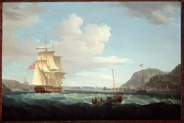 Brit fregatt egy hosszú csónakkal a Gallows Hill Headland mellett, Broad Bay, Lewis szigete, Hebridák