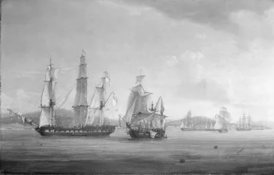 A HMS "Spartan" és a francia és nápolyi hajóraj, a harc vége, 1810. május 3., Nápolyi-öböl, Olaszország. Olaj, vászon
