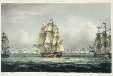A HMS Victory a francia vonal felé hajózik, oldalán az Euryalusszal és a HMS Temeraire-rel a trafalgari csatában, 1805. október 21., T. Sutherland metszete a „The Naval Chronology of Great Britain” számára