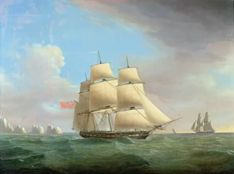 A H.M. Galatea fregatt, 38 ágyúval, a Needles közelében, Wight-sziget
