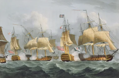 Lord Howe a Queen Charlotte-on, áttörve az ellenséges vonalat, 1794. május 29., Thomas Sutherland metszete J. Jenkins "Naval Achievements" című műve számára, 1816 (színes metszet).