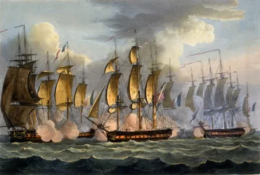 A La Prévoyante és a La Raison elfoglalása, 1795. május 17., James Jenkins „Nagy-Britannia haditengerészeti tettei” című művéből, Thomas Sutherland metszete, megjelent 1817-ben