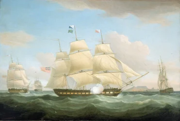 A Kelet-indiai Társaság kereskedelmi hajói, a "Minerva", a "Scaleby Castle" és a "Charles Grant", a dél-afrikai Fokváros (Cape Town) előtt, a horizonton a Táblahegy látható.