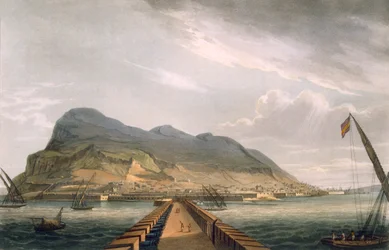 Gibraltár látképe, Thomas Sutherland metszete J. Jenkins Naval Achievements című művéhez, 1816