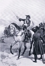 Nagy Péter a pultowai csatában, illusztráció a „Landmarks in European History” című könyvből, a Gresham Publishing Co., 1920 körül (litho)