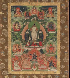 Manjushri, a bölcsesség boddhiszattva (őrölt ásványi pigment pamuton)