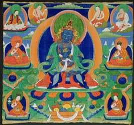 Thangka festmény, amely az Adibuddha Vadzsradharát (Do rje chang) ábrázolja, tibeti, 19. század (repedés a kalikon)
