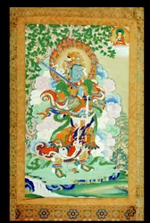 Thangka-festmény, amely Virudhakát (Pag che po) a Dél őrzőjét ábrázolja, tibeti, 19. század (selyemre hengerrel szerelt papír)