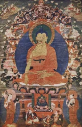 A 18. századi Buddhát trónoló tibeti templom képe a The Outline of History című könyvben reprodukálva: az élet és az emberiség egyszerű története, H.G. Wells, London