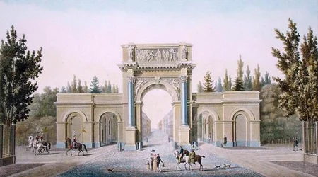 Porte de Guillaume, Brüsszel, Pierre Jacques Goetghebuer „Válogatás a Holland Királyság legkiemelkedőbb műemlékeiből, épületeiből és házaiból”, a szerző metszetével, 1827-ben megjelent (akvatinta)