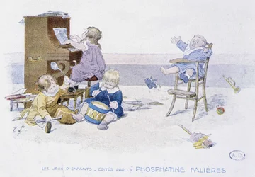 Gyermekjátékok: gyerekek játszanak különféle hangszerekkel - dess. de Lobrichon, szerk. írta: Phosphatine Falières, v.1920