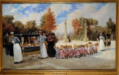 Séta a bölcsődéből a Tuileriákba Az ápolónők kocsikkal kísérik a gyerekeket. Timoleon Lobrichon (1831-1914) festménye XIX. Magángyűjtemény - Gyermek sétány a Tuileriák kertjében. Dadák sétálnak gyerekekkel a kocsikon. Festés által