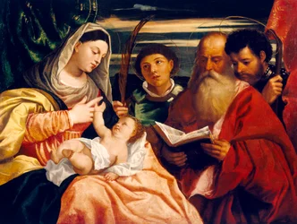 Madonna és gyermek Szent Istvánnal, Jeromosszal és Mauriceszal (olaj, vászon)