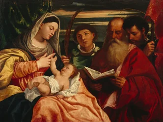 Madonna és gyermek Szent Istvánnal, Jeromosszal és Mauriceszal (olaj, vászon)
