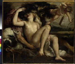 Mars, Vénusz és Cupido. Tiziano Vecelli vagy Vecellio, más néven Tiziano da Cador, Tiziano vagy Le Titien néven ismert festő (1490 körül-1576) képe, olaj, vászon, 1530 körül. Olasz művészet (Velence)
